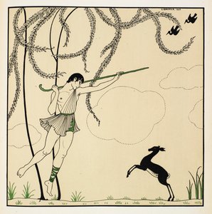 "Narcisse". Scène uit Narcisse, een klassiek ballet uitgevoerd in één akte. Narcisse ging in première in 1911 in Monte Carlo. De jongen danst in de lucht en draagt een herdersstaf, een lam staat op zijn achterpoten.