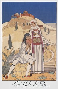 Panfluitspeler die traditionele Griekse kostuums uitbeeldt door Georges Barbier