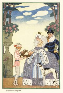 Koningin Elizabeth wast haar handen in een kom vastgehouden door haar page door Georges Barbier