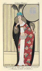 "Robe de crêpe de Chine wit versierd met vos. Manteau van otter en stinkdier,"