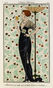 Robe du soir satin noir et tulle bordée de brillants. Costumes Parisiens no.46 door Georges Barbier