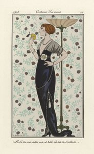 Avondjurk van zwarte satijn en tule met glinsterende randen, uit Costumes Parisien, uitgegeven in 1913 door Georges Barbier