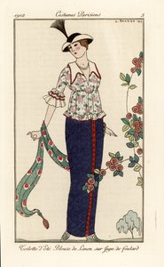 Zomerkleding met bloemen linnen blouse en foulard rok. Toilette d’été, blouse de linon sur jupe de foulard. Handgekleurde pochoir (stencil) ets naar een illustratie van George Barbier uit Tommaso Antongini’s Journal des Dames et des Modes, Aux Burea door Georges Barbier