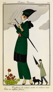 Tailleur van groene en zwarte zijde. Gilet van aardbei zijde. Vrouw in een op maat gemaakte outfit van groene en zwarte zijde, met een aardbei zijden vest. Persoon in een trenchcoat met een paraplu en een hond op de achtergrond. Costumes Parisiens. door Georges Barbier