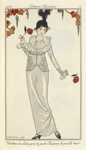Tailleur de satin gris de perle, chapeau de paille noir door Georges Barbier