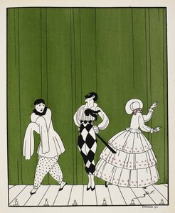 Drie personages uit het ballet Carnaval uit 1910, gecomponeerd door Robert Schumann. Links een mimespeler. In het midden een man, gekleed in een wit shirt met een zwarte das en geruite broek, met een masker. Rechts een dame, met haar rug naar ons toe