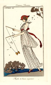 Vrouw in jurk van bedrukt linnen die diabolo speelt door Georges Barbier