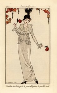 Vrouw in parelgrijs pak en zwarte strohoed. Tailleur de satin gris de perle, chapeau de paille noir. Handgekleurde pochoir (stencil) ets naar een illustratie van George Barbier uit Tommaso Antongini’s Journal des Dames et des Modes, Aux Bureaux du Jo door Georges Barbier