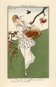 Vrouw met strohoed en jurk van bedrukt tafzijde door Georges Barbier