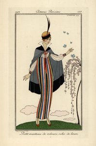 Vrouw in gestreepte linnen jurk met korte fluwelen jas door Georges Barbier
