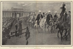 De begrafenisstoet bij Hyde Park Corner, koninklijke rouwenden betreden het park