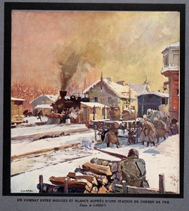Een gevecht tussen de Rode en Witte Garde op een treinstation, uit Histoire des Soviets, uitgegeven 1922