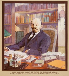 Lenin in zijn kantoor in het Kremlin in Moskou, uit Histoire des Soviets, pub. 1922 door Georges Carrey