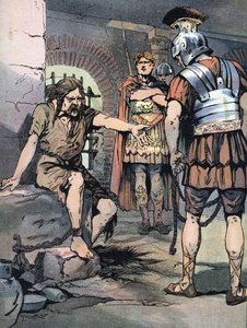 Gallische oorlog: De Gallische krijger Vercingetorix gevangen in de Romeinse wapens van Julius Caesar in de gevangenissen van Tullianum, 46 v.Chr. (Illustratie door Emile Bayard) door Georges Conrad