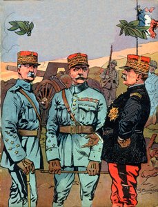 Marechal Joseph Jacques Cesaire Joffre (1852-1931), Marechal Ferdinand Foch (1851-1929) en Marechal Philippe Petain (1856-1951), de grote bevrijders van Frankrijk tijdens de Eerste Wereldoorlog - Illustratie door Georges Conrad (1874-1936) uit 