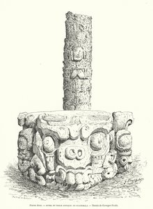Maya uitgehouwen stenen altaar en idool uit Guatemala (gravure) door Georges Ernest Profit