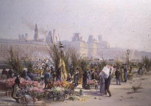 Bloemenmarkt bij de Seine door Georges Fraipont