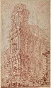 De gevel van S. Sulpice bijna voltooid - rechts een kar voor een niet meer bestaand huis; op de voorgrond toeschouwers door Georges François Blondel