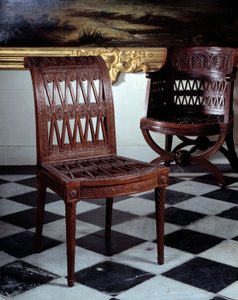 Stoel besteld voor de zuivelboerderij van Marie Antoinette. Gesneden mahoniehouten meubel door Georges Jacob (1739-1814) door Georges Jacob