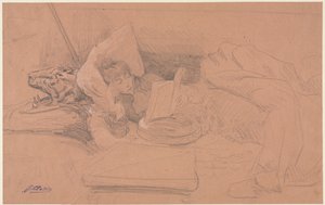 Sarah Bernhardt liggend op een divan, lezend door Georges Jules Victor Clairin