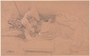 Sarah Bernhardt liggend op een divan, lezend, ca. 1885-1890