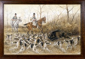 Rond een wild zwijn in een jacht - tekening door Georges La Roque, circa 1900