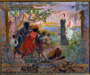 De verovering van Afrika. Allegorie over kolonialisme die een jonge blanke vrouw voorstelt die plechtig naar bange Afrikaanse families loopt. Schilderij door Georges Antoine Rochegrosse (1859-1938) 1900 Parijs, Musée du Luxembourg door Georges Marie Rochegrosse