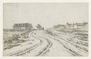 Weg met diepe karresporen, in het verschiet links en rechts huizen door Georges Michel
