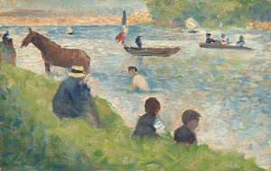 Paard en boten studie voor baders in Asnières door Georges Pierre Seurat