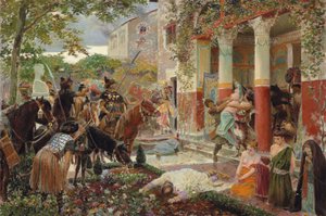 Romeinse villa in Gallië geplunderd door de hordes van Attila de Hun. Gesigneerd 