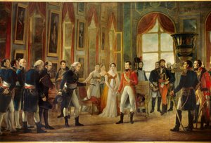 Napoleon I (1769-1821) ontving in Saint-Cloud de Senatus-Consulte die hem op 18/05/1804 tot keizer van de Fransen uitriep (achter de keizerin Josephine, zijn dochter Hortense en haar schoonzus Marie-Annonciade, Caroline Bonaparte (1782-1839)). door Georges Rouget