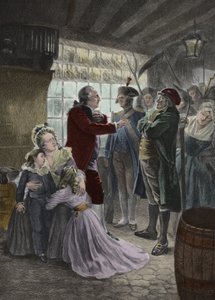 Franse Revolutie: 21 juni 1791 De koninklijke familie (Lodewijk XVI Koning van Frankrijk, Koningin Marie Antoinette en hun twee kinderen Madame Elisabeth de zus van de koning en de gouvernante van de kinderen) ingehaald in de herberg van Varennes (Varennes door Georges Roussin