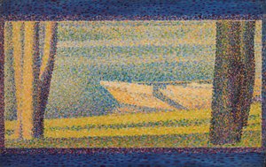 Gemeerde boten en bomen door Georges Seurat