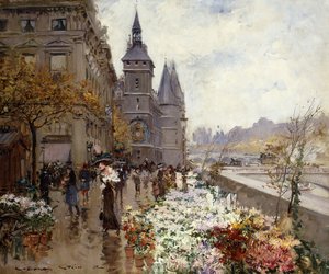 Een bloemenmarkt langs de Seine door Georges Stein