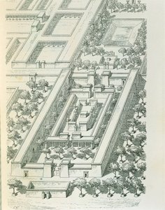 Ets die een perspectivisch uitzicht van een gebouw in Tell el-Amarna afbeeldt door Georges Perrot (1832-1914) en Charles Chipiez (1835-1901)