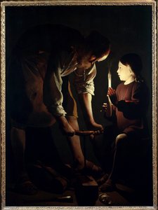 Sint Jozef timmerman, Jezus kind houdt een kaars vast om zijn vader Jozef bij het werk te verlichten. Schilderij door Georges de La Tour (1593-1652) 1640 Parijs, Louvre Museum