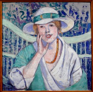 Portret van dame met witte en groene hoed