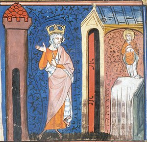 Karel de Grote eert St Denis, uit Chroniques de France ou de St Denis, 14e eeuw (22702899392)