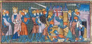Karel de Grote neemt 2 kastelen in, uit Chroniques de France ou de St Denis, 14e eeuw (22095303133)