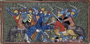 Charles Martel verslaat Eudo en de Saracenen, Grandes chroniques de France, Royal 16 G.VI, f.117v, ca. 1332-1350 (22727638241) door Georgia Levan Ramishvili from Tbilisi