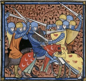 Ebroin verslaat de Austrasiërs, uit Les Grandes chroniques de France, Royal 16 G VI f.114v, ca. 1332-1350 (22528516520) door Georgia Levan Ramishvili from Tbilisi