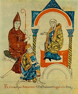 Koning -Heilige Roomse Keizer Hendrik IV- bidt tot abt -Hugh van Cluny- en smeekt Matilda -van Canossa-, uit Vita Mathildis, ca. 1115 (34295963116) door Georgia Levan Ramishvili from Tbilisi