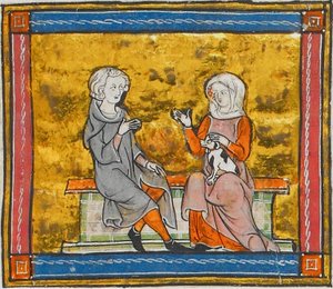 Lancelot in gesprek met een dame die een klein zwart-wit hondje vasthoudt, uit Morte Artu, ca. 1315-1325 (41067329535) door Georgia Levan Ramishvili from Tbilisi