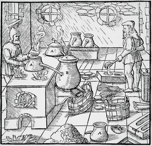 Gravure uit De re metallica, door Georgius Agricola, gepubliceerd in Basel door Georgius Agricola