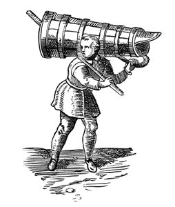 Een Leerling, die een houten vat zo groot als hijzelf draagt, op weg om water te halen, 1572
