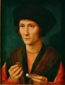 Een goudsmid, misschien Jacques Cnoop, schoonvader van Gerard David ... (olieverf op eikenhout) door Gerard David