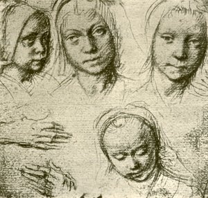 Vier Hoofden van een Jong Meisje en Twee Handen door Gerard David