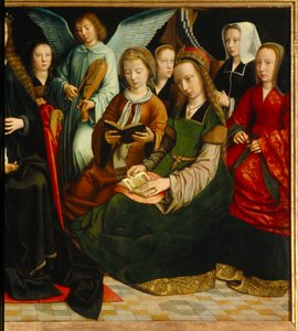 De Maagd tussen de heiligen (detail van de heiligen: Sint Apolline, Sint Godeline, Sint Cecile, Sint Barbe, Sint Lucia) door Gerard David
