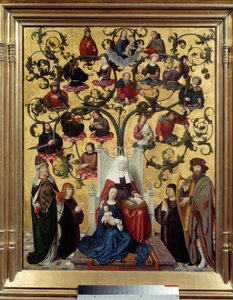 De lijn van Sint-Anna Weergave van de stamboom van Sint-Anna, moeder van Maria. Schilderij op hout door Gerard David (1460-1523). 1483. Zon. 0,88 x 0,69 Lyon, Musee des Beaux Arts