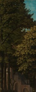 Gezicht in een bos, buitenste linker vleugel van een drieluik